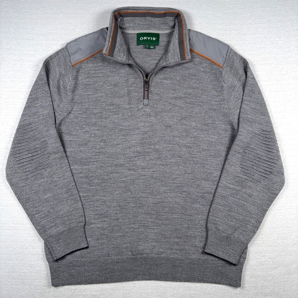 Orvis Upton 1/4-Zip Sweater Mens Size L Grey Orange Wool Pullover